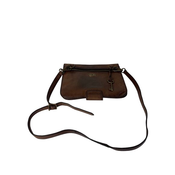 Fossil Brown Leather Crossbody Bag Key Charm Turnlock Clasp 10.5 in X 8.5 in - Picture 6 of 7